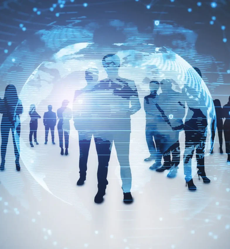Silhouettes of people gathered in front of a glowing digital globe and illuminated network lines, symbolizing grassroots fraud education and community outreach.