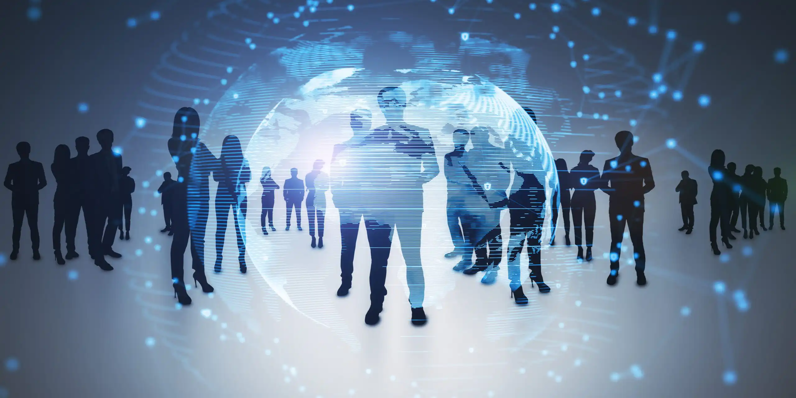 Silhouettes of people gathered in front of a glowing digital globe and illuminated network lines, symbolizing grassroots fraud education and community outreach.
