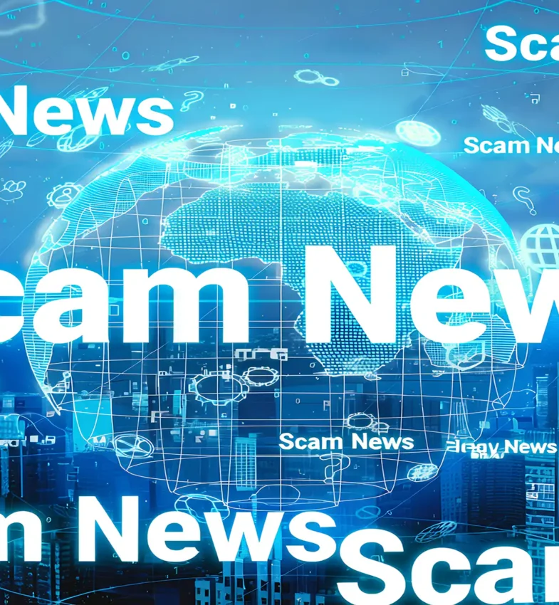 A glowing blue digital globe surrounded by global news headline tickers, scam alert banners, and interconnected data streams.