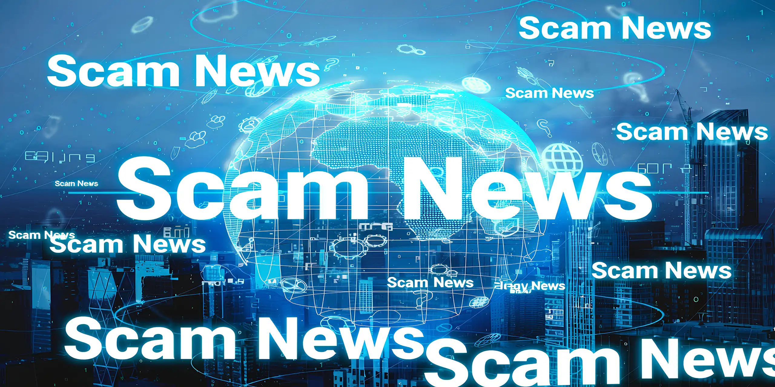 A glowing blue digital globe surrounded by global news headline tickers, scam alert banners, and interconnected data streams.