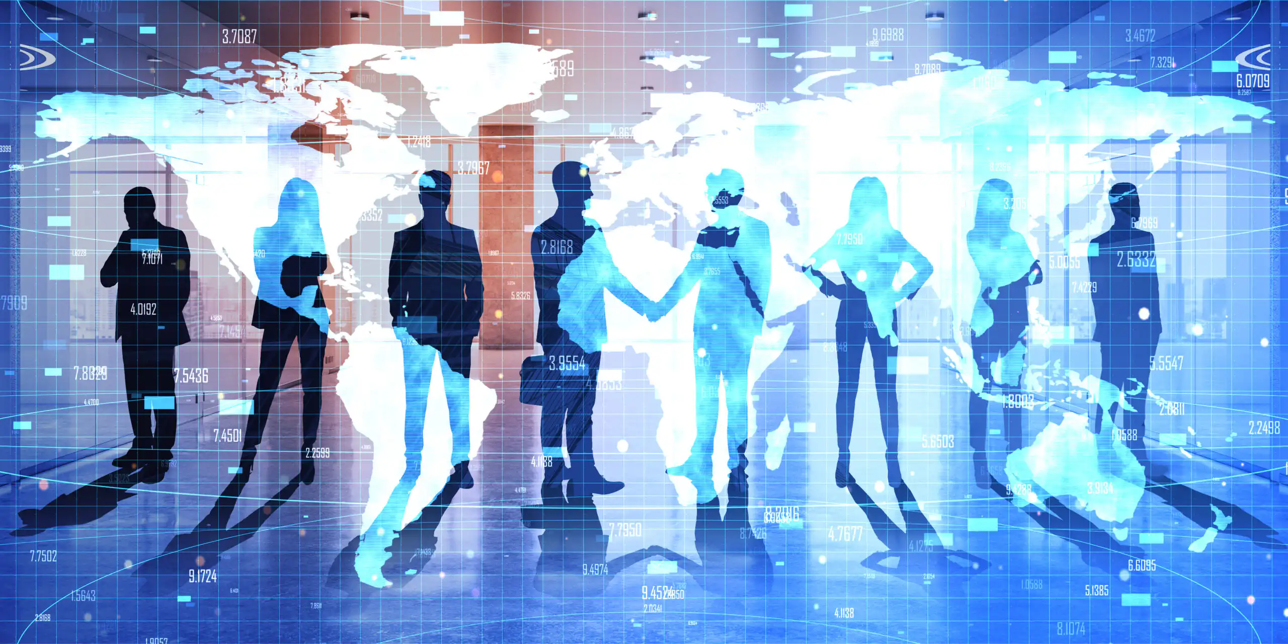 Silhouettes of business professionals standing and shaking hands against a blue illuminated digital world map with data graphics, representing global law enforcement and fraud prevention collaboration.