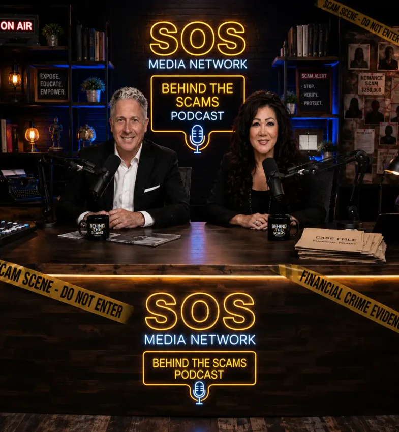 Co-hosts Nick and Sue Henley seated at studio microphones recording an episode of the Behind the Scams podcast in front of an illuminated SOS Media Network backdrop.