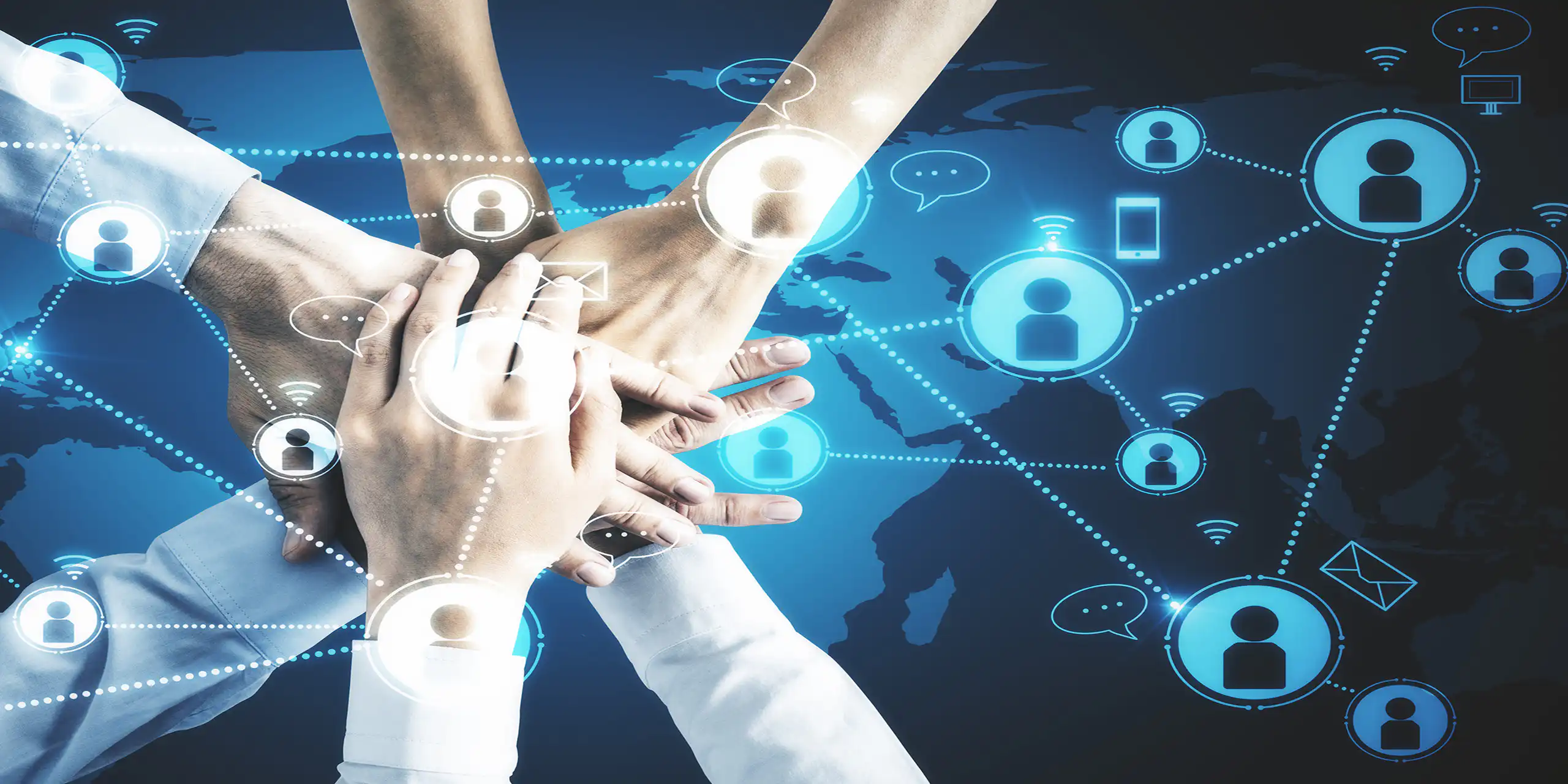 Several hands stacked together in unity and teamwork overlaid with digital network connections, communication icons, and a global map, representing scam victim advocacy and collaborative support.