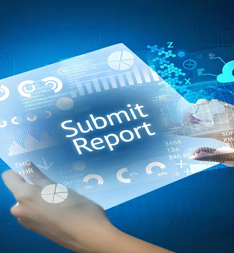Hands holding a glowing transparent digital tablet displaying a "Submit Report" button with holographic data charts and cyber icons on a blue technology background.