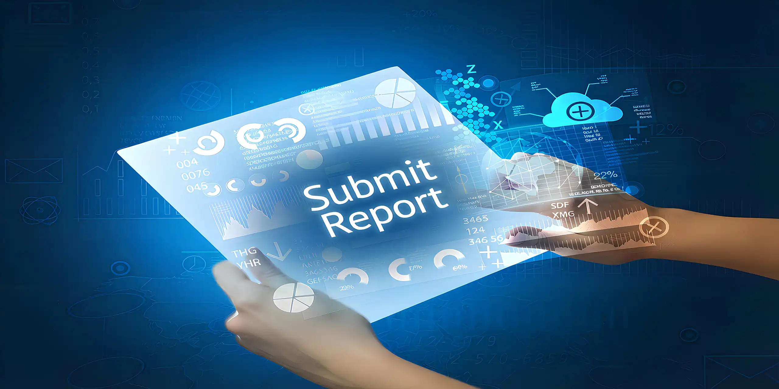 Hands holding a glowing transparent digital tablet displaying a "Submit Report" button with holographic data charts and cyber icons on a blue technology background.